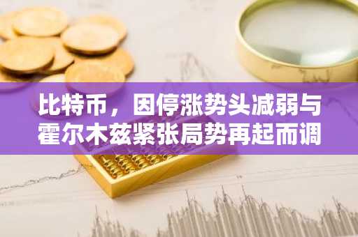 比特币，因停涨势头减弱与霍尔木兹紧张局势再起而调整---**改写说明**：- 根据原文含义和财经新闻用语习惯意译与润色- 将韩文术语及专有名词准确转译为通用中文表达- 保持标题简洁且突出因果和财经领域