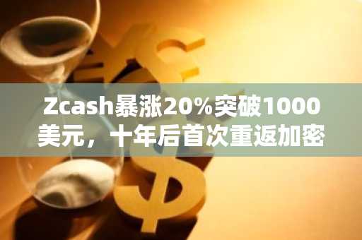 Zcash暴涨20%突破1000美元,十年后首次重返加密币前十