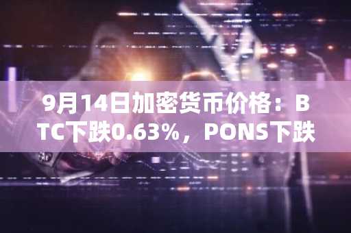 9月14日加密货币价格：BTC下跌0.63%，PONS下跌12.03%