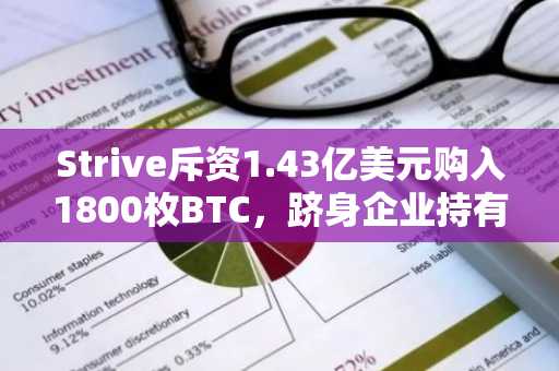 Strive斥资1.43亿美元购入1800枚BTC,跻身企业持有量第五位